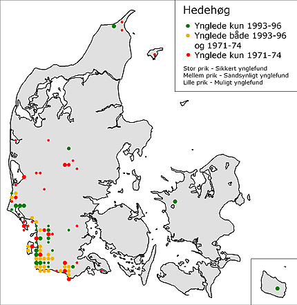Ændringer i yngleudbredelsen opgjort ud fra DOFs landsdækkende kortlægninger i 1971-74 og 1993-96.